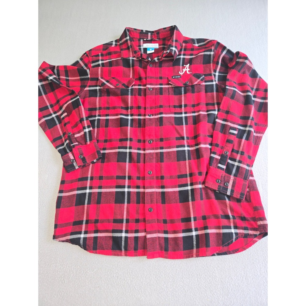 Columbia Flannel Shirt Mens‎ XL Red Black Plaid Alabama Crimson Tide Logo Cotton